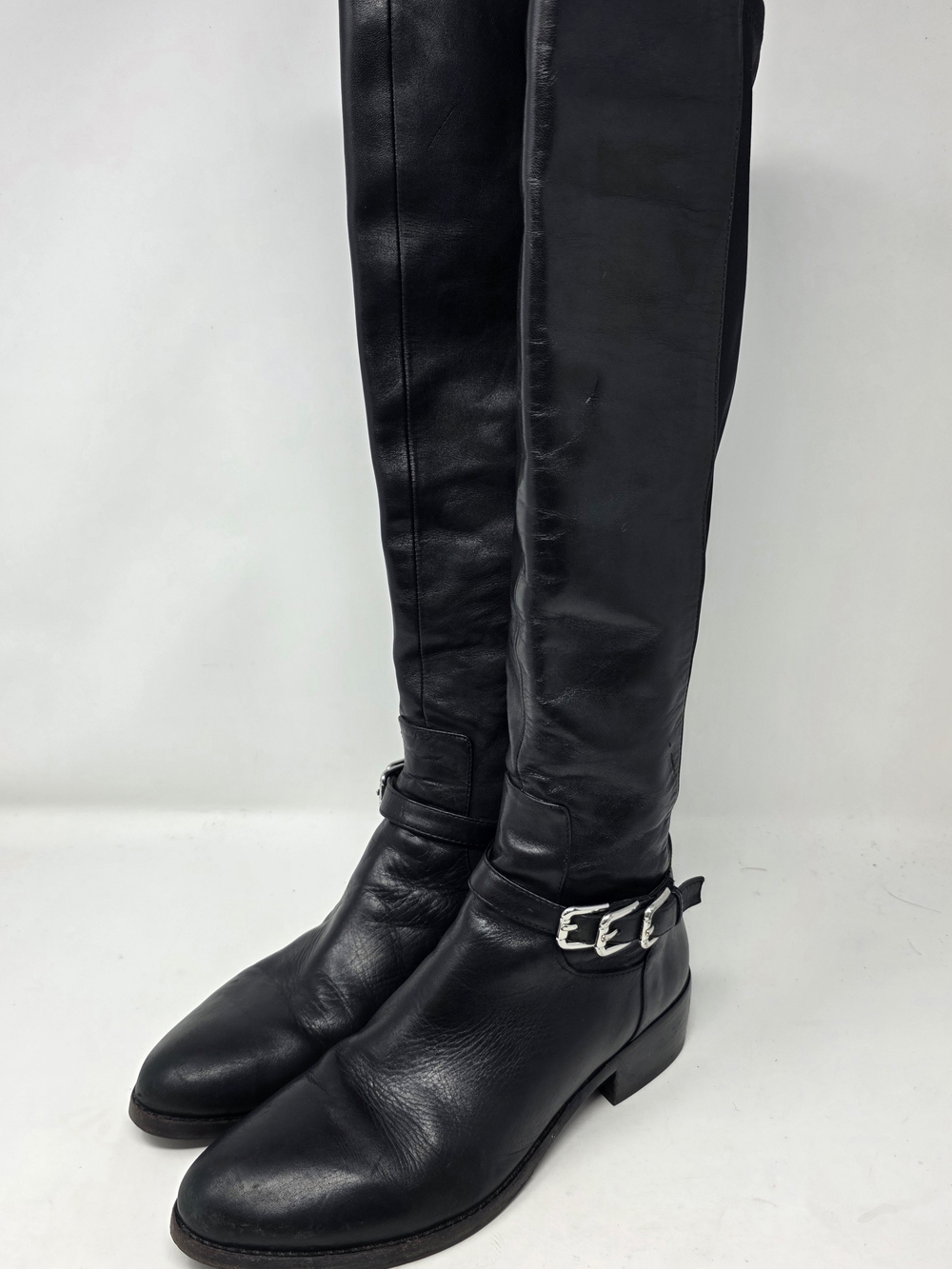Donald J Pliner Nellie Black Leather Ankle Buckle Stretch Knee High Riding 7.5
